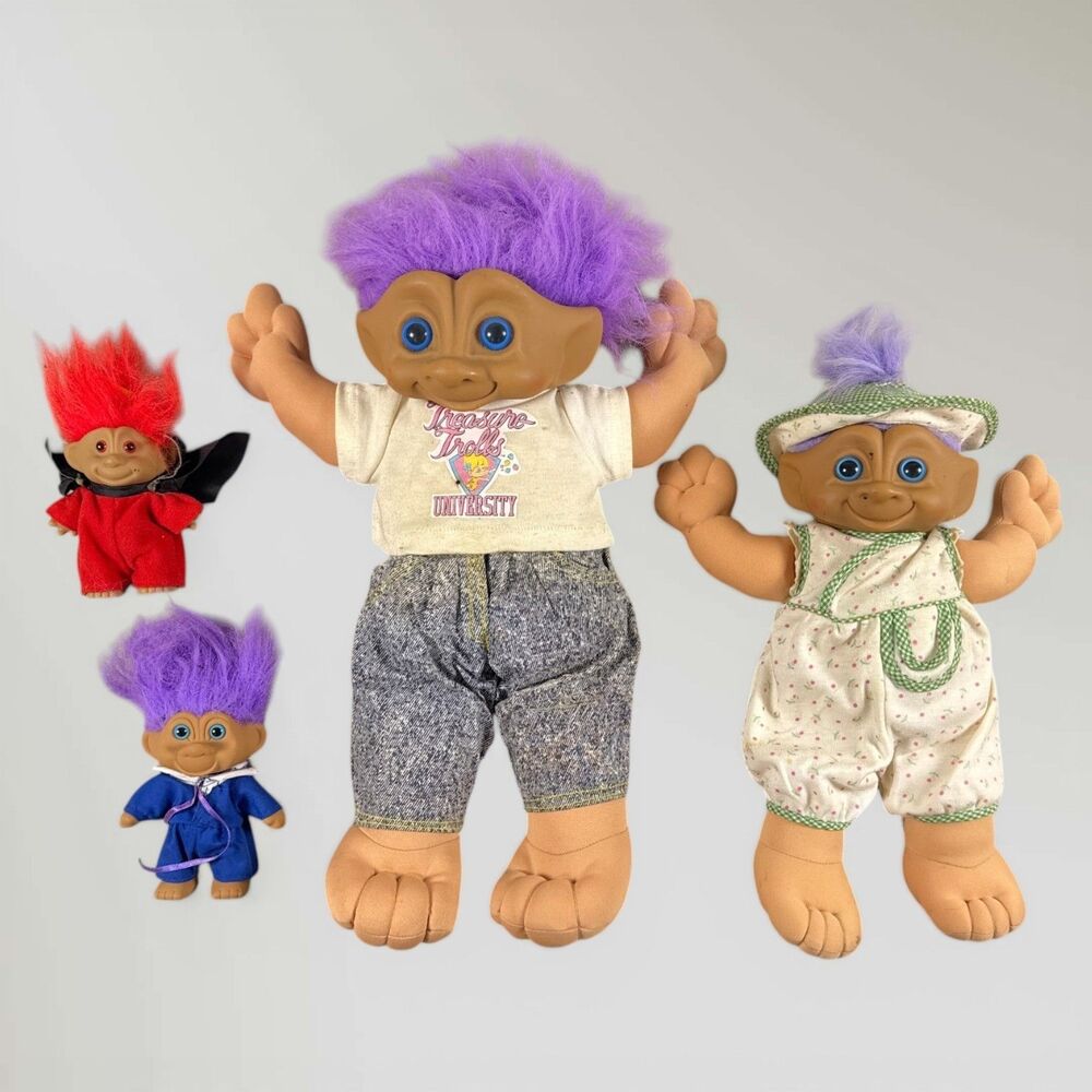 Vintage Troll Doll Lot of 4 Russ Treasure Trolls Purple Hair Devil University Ba